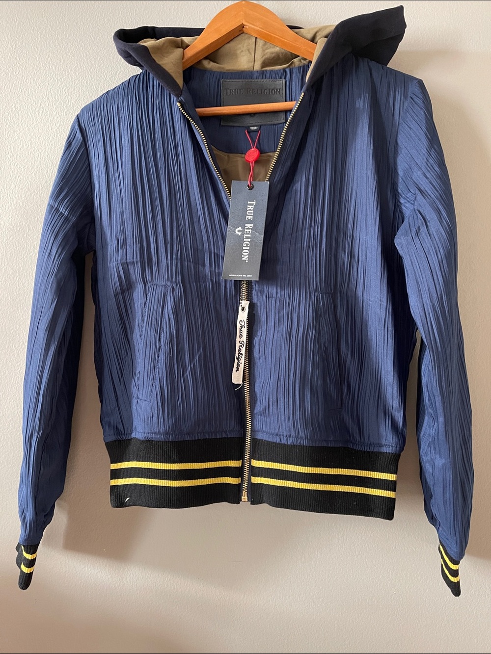True Religion Y2K New Navy Bomber Jacket with Black and Yellow Trim